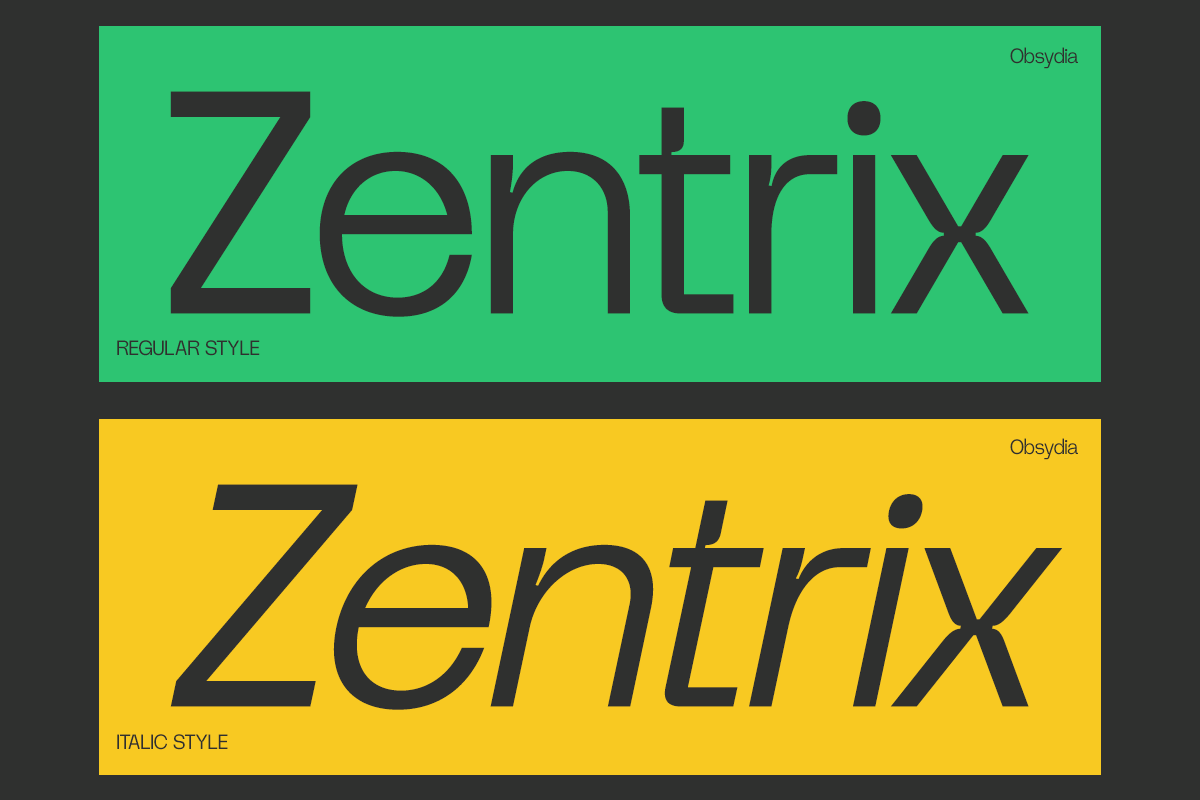 Zentrix font in regular plus italic styles shown on bright green plus yellow backgrounds