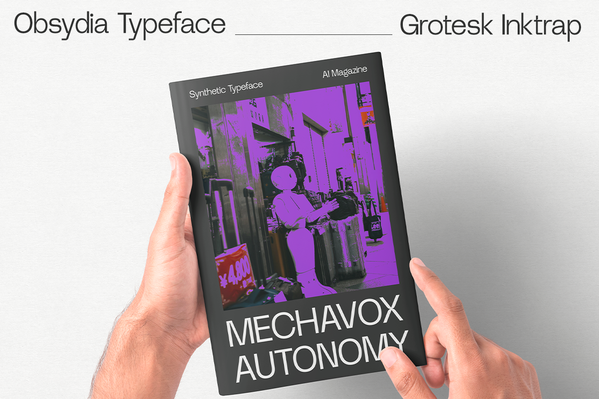 Hand holding dark magazine mockup with neon purple sci-fi imagery, Obsydia typeface header