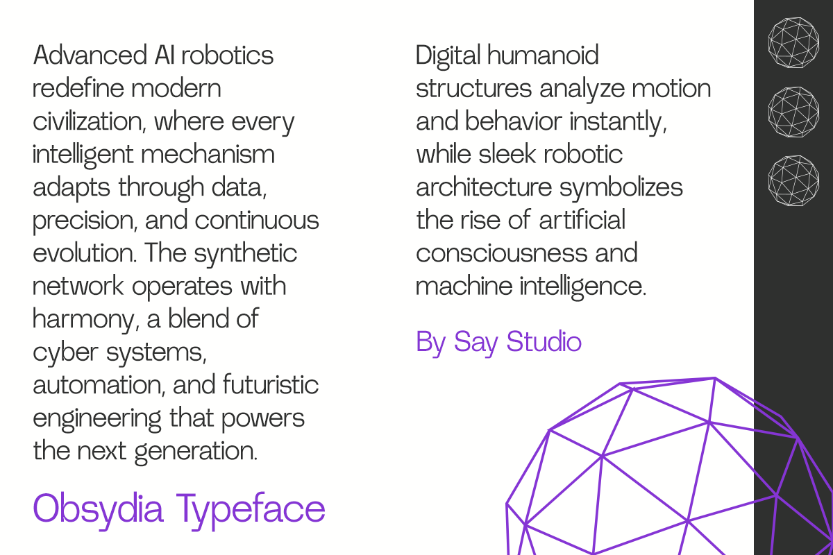 Obsydia typeface with AI robotics text layout, geometric wireframe head illustration in purple