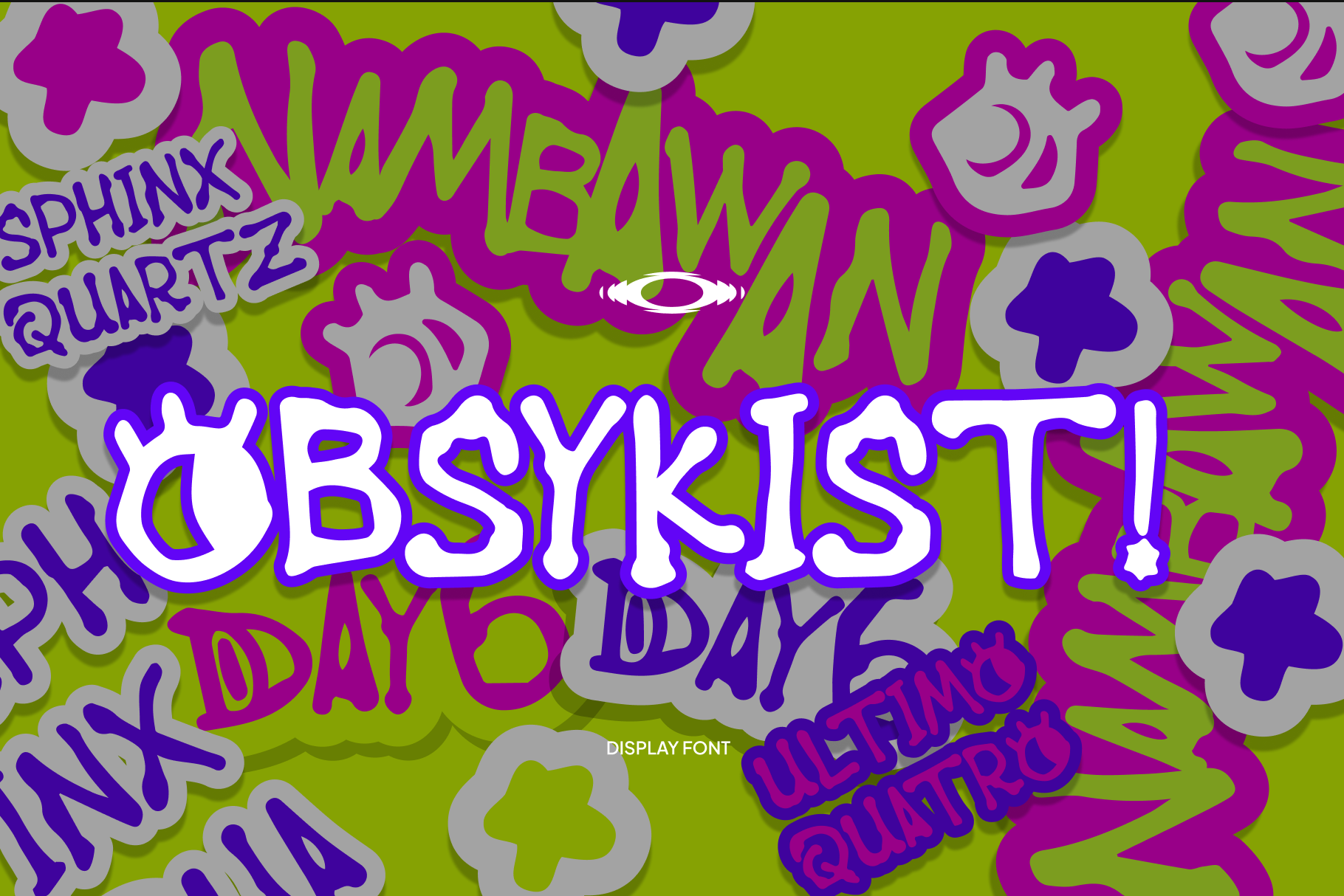 Obsidian display font with chunky outlined letters in white, blue, purple on lime green background with abstract shapes