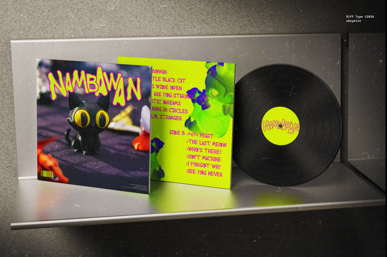 Neon yellow vinyl album mockup with black cat artwork, neon tracklist, bold typography throughout