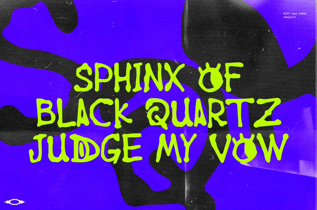 Neon yellow text saying "Sphinx of Black Quartz Judge My Vow" layered over purple liquid shapes with grainy texture