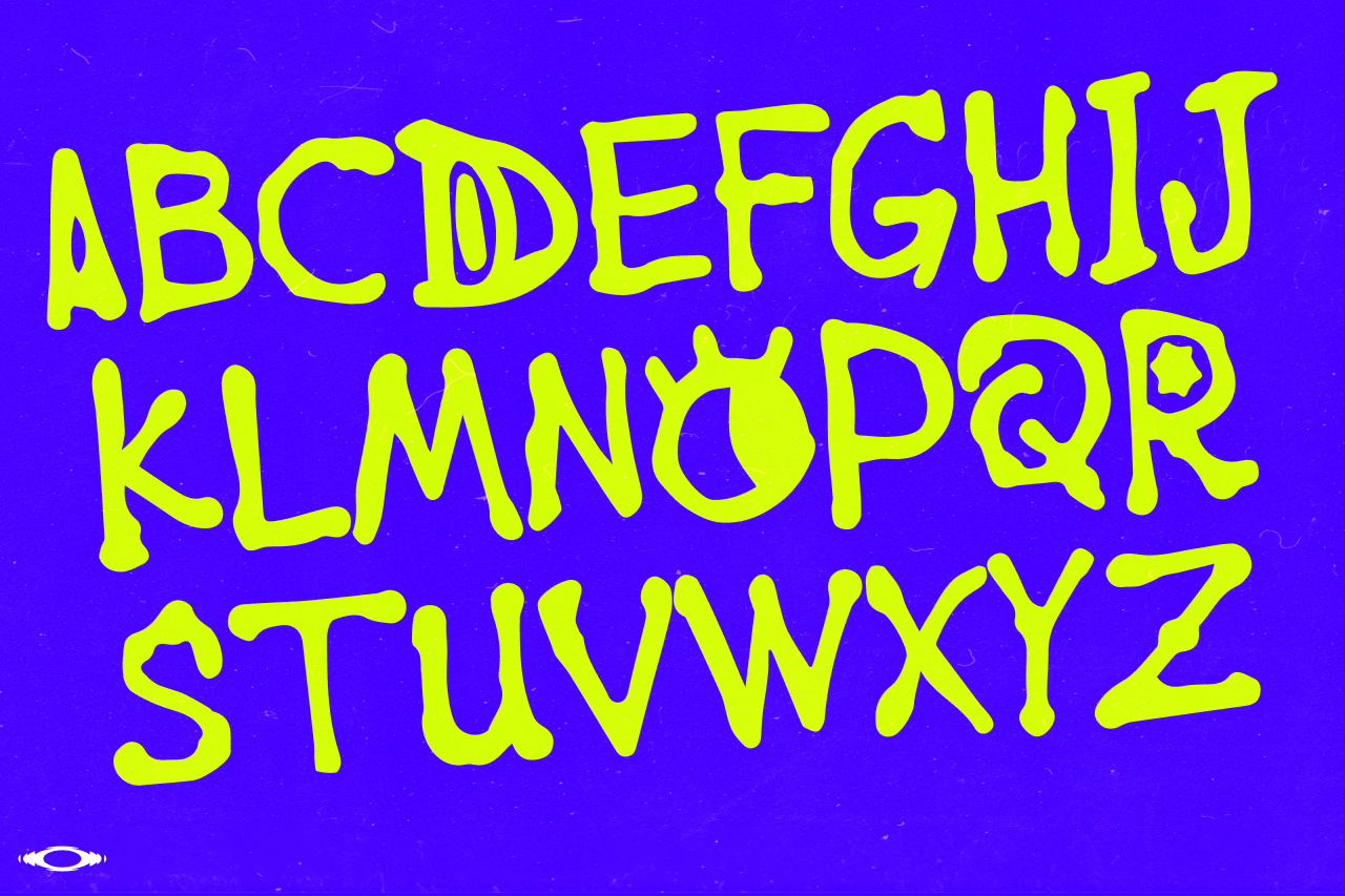 Neon yellow alphabet on electric blue background with grungy texture overlay