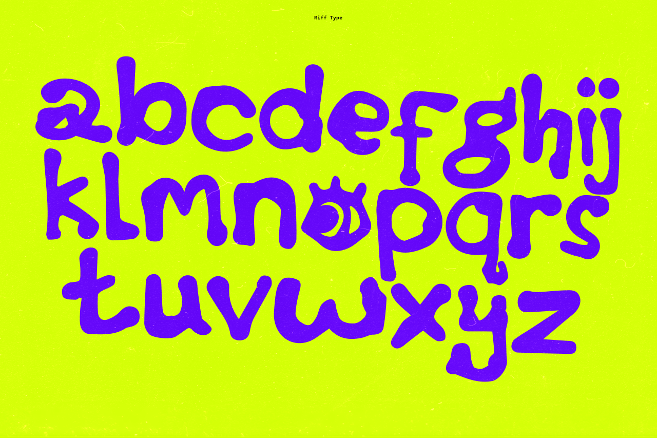Riff Type font in bold purple on neon yellow background showing full alphabet
