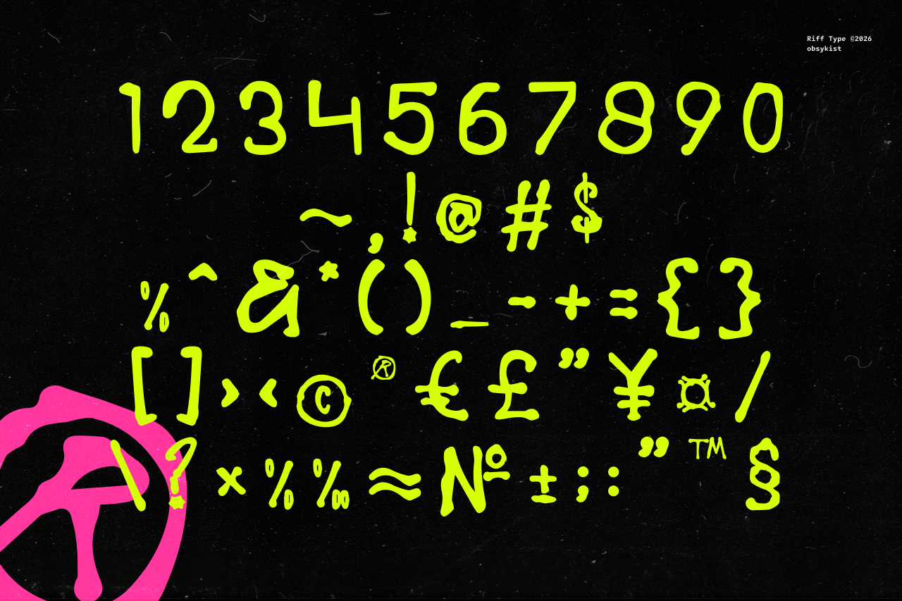 Riff Type 2026 font showing neon yellow numbers, symbols, currency signs on black gritty background with hot pink accent