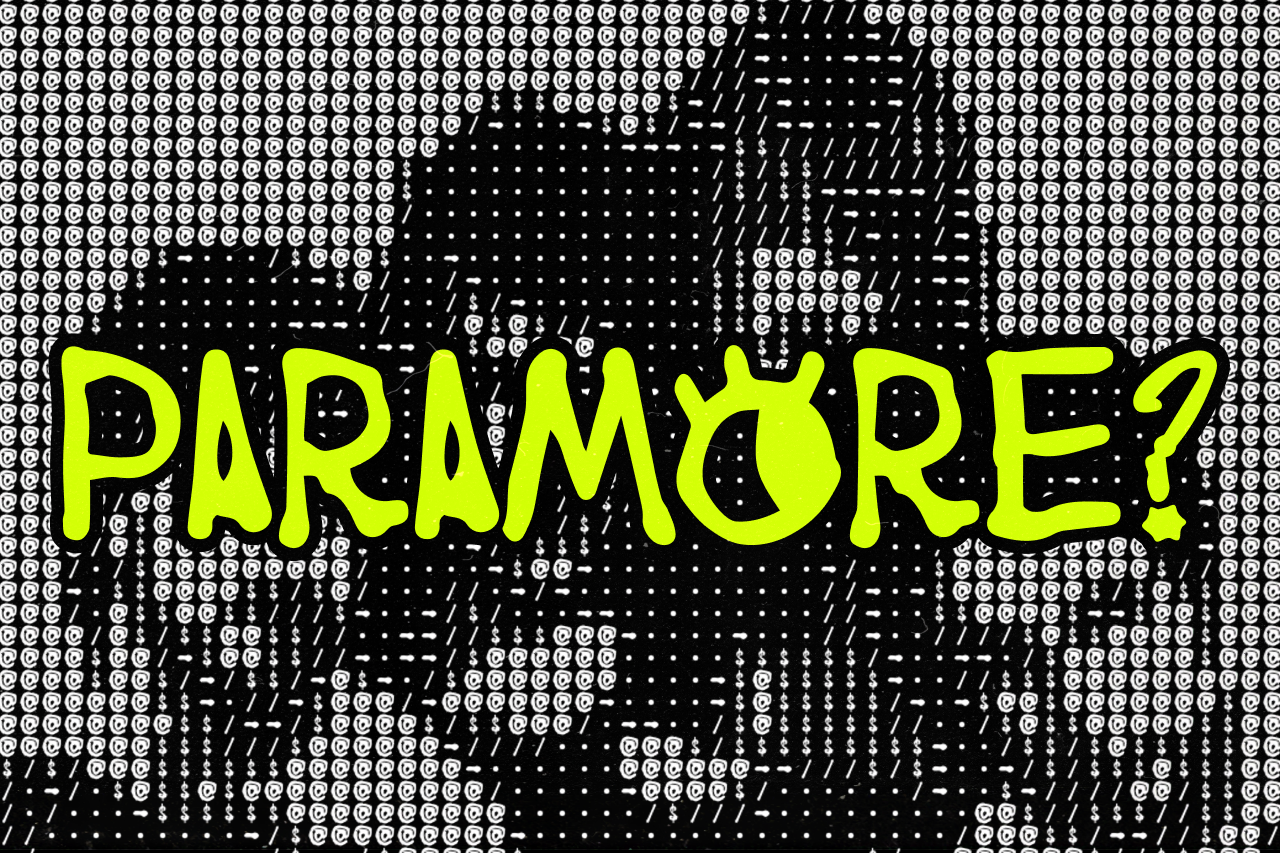 Neon yellow "PARAMORE?" text over black matrix-style code pattern background