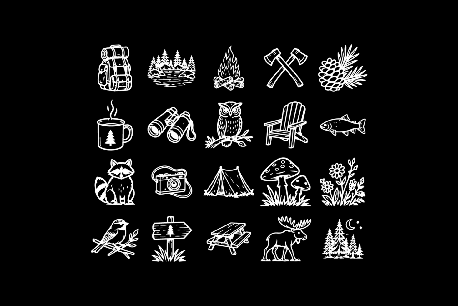 Outdoor adventure icon set with camping gear, wildlife, forest elements on black