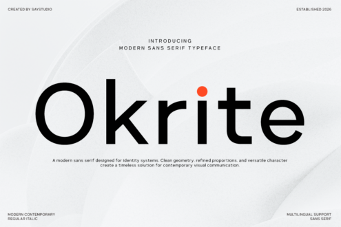 Okrite modern sans serif font display with bold black letterforms on light background, red accent dot