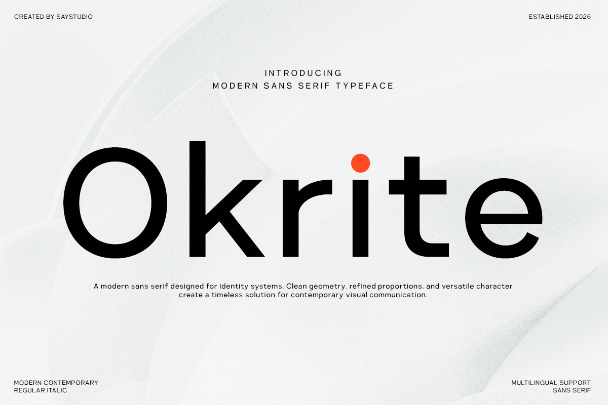 Okrite modern sans serif font display with bold black letterforms on light background, red accent dot