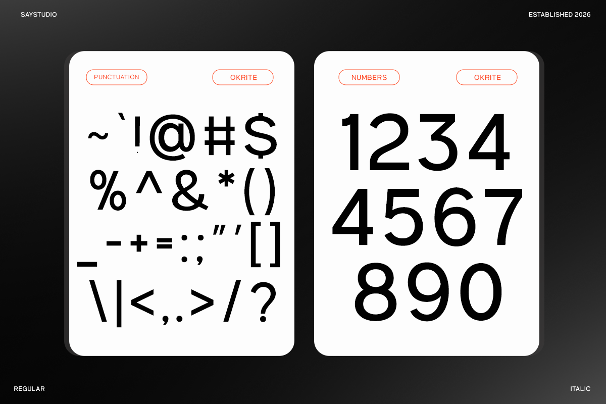 Okrite typeface showing punctuation marks, symbols, plus numbers in bold sans-serif style