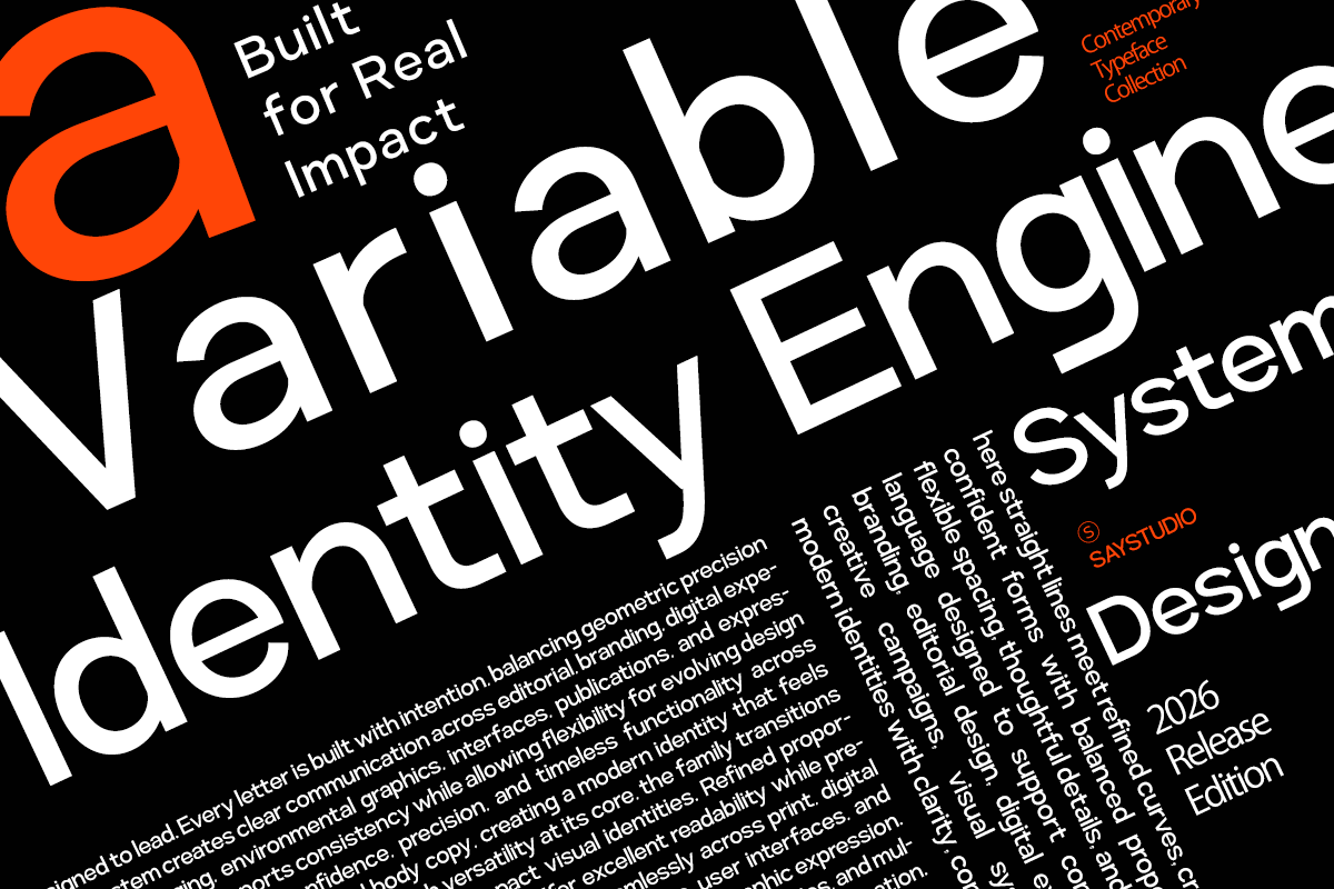 Variable typeface with sharp sans-serif letters, orange accents, contemporary design system on black