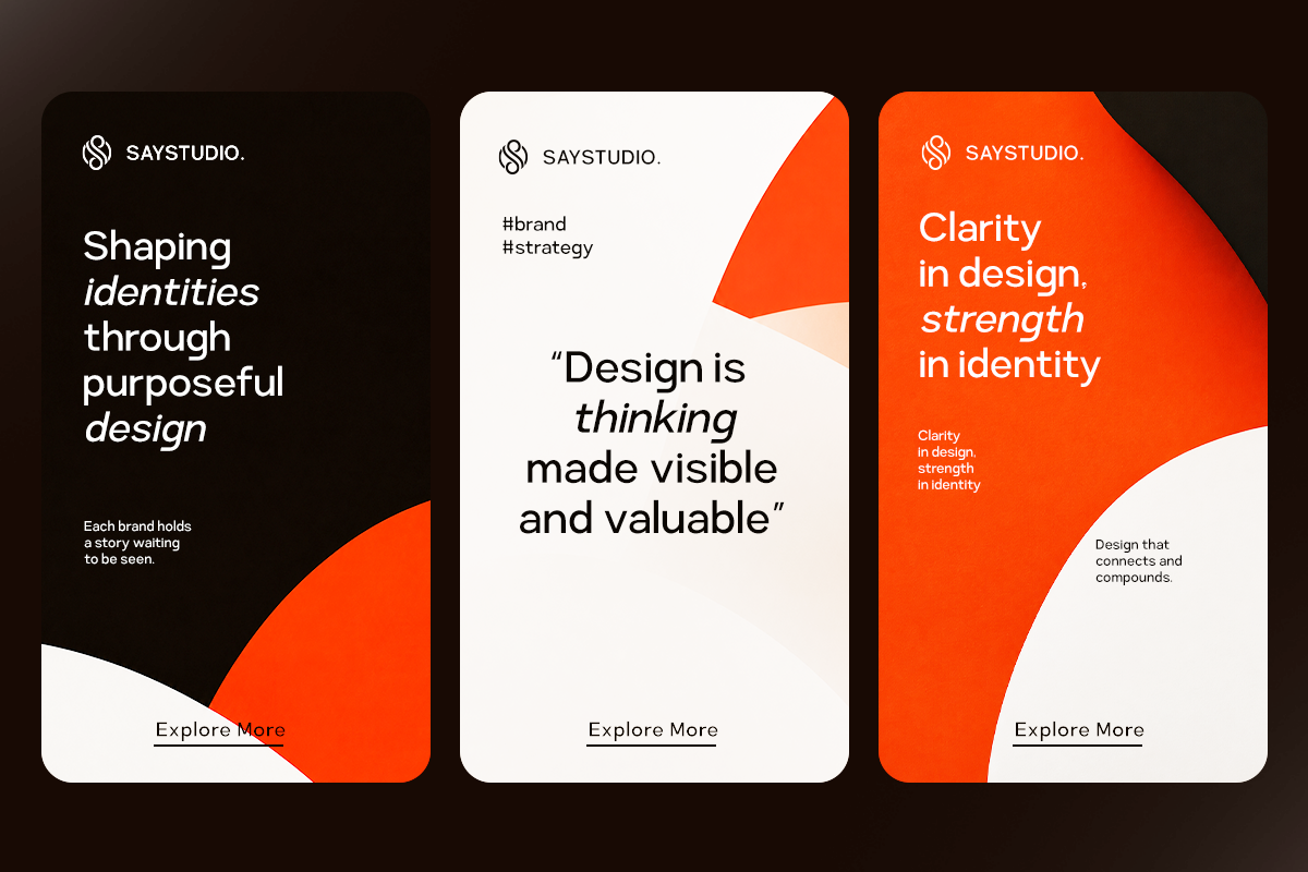 Three brand cards with Say Studio logo, bold orange geometric shapes, black, white, cream backgrounds