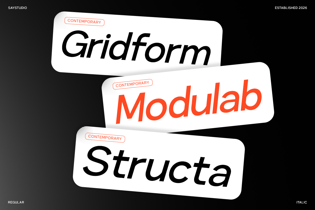 Stacked font cards showing Gridform, Modulab, Structa typefaces on black
