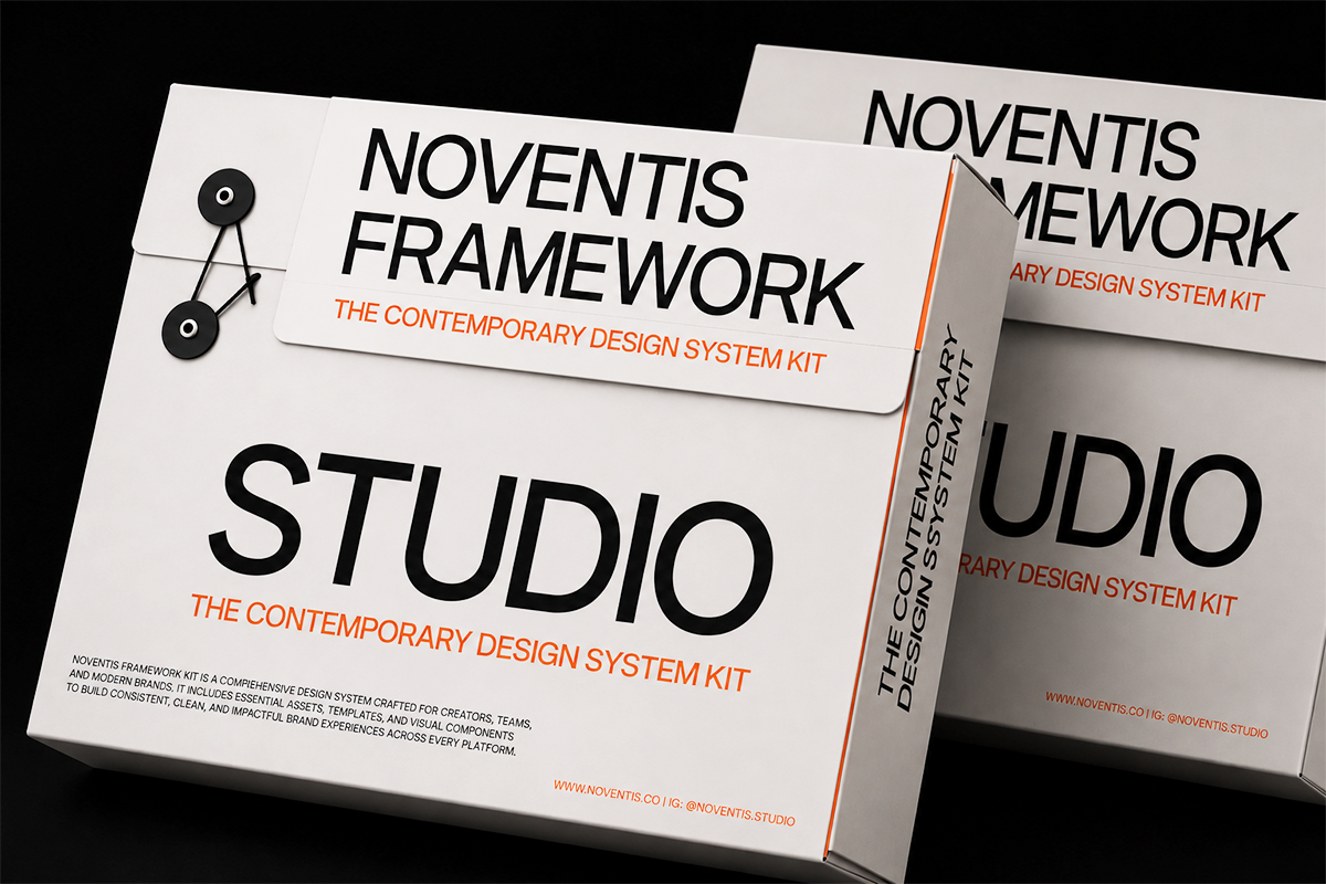 Noventis Framework design system kit mockup showing open tri-fold brochure with contemporary typography layout