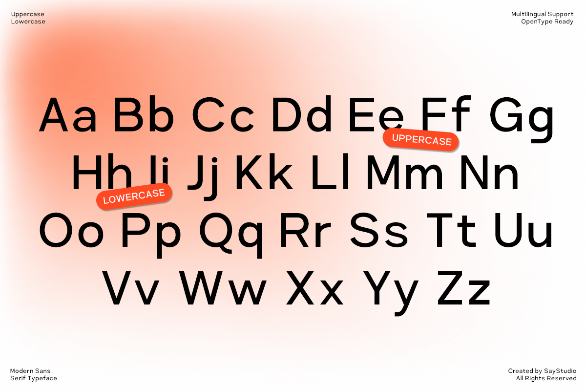 Modern sans serif typeface showing full alphabet with uppercase, lowercase letters on peachy gradient background