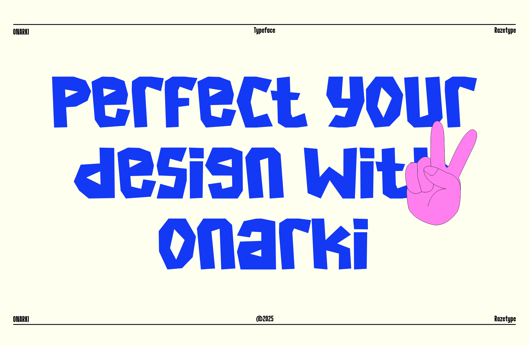 Bold blue typeface with pink peace hand gesture on cream background