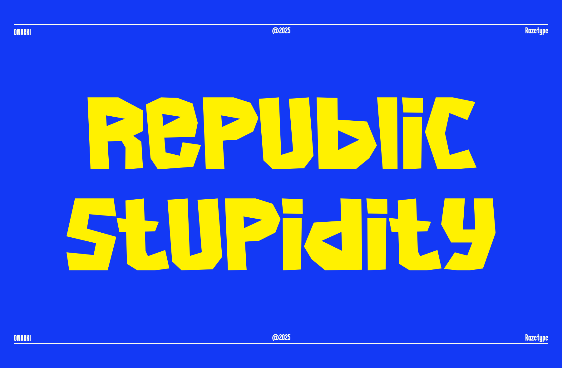Bold yellow display type on electric blue with play button cutouts, 2025 branding