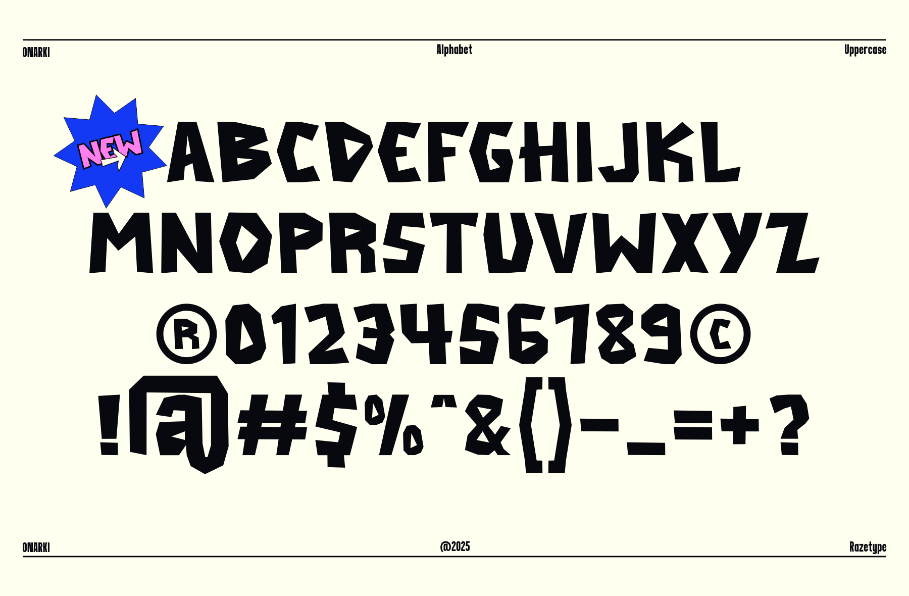 Omarki typeface showing uppercase letters, numbers, symbols with a blue NEW badge