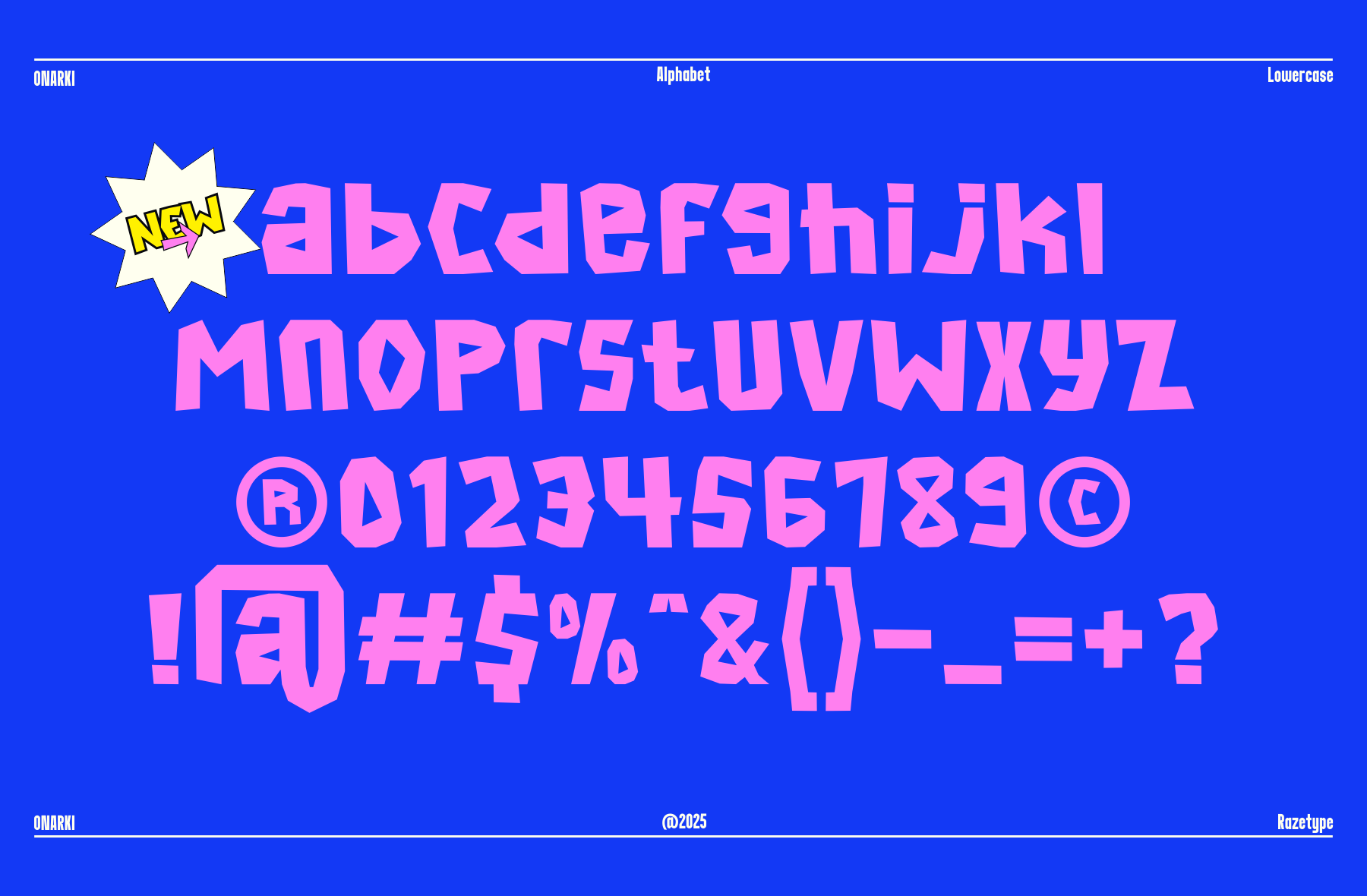 Omarri font lowercase alphabet, numbers, symbols in hot pink on bright blue background with NEW badge