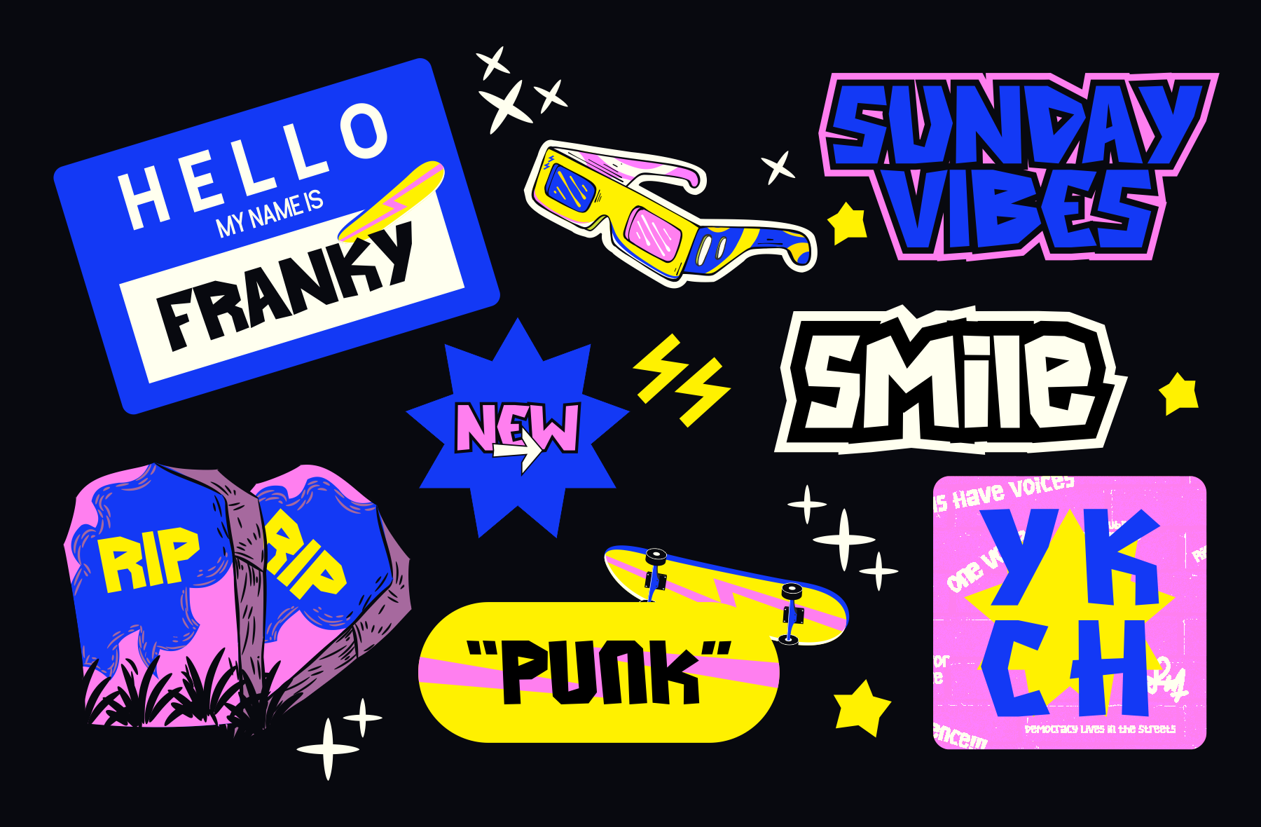 Retro 90s sticker pack with name badge, sunglasses, skateboard, tombstone, bright neon colors