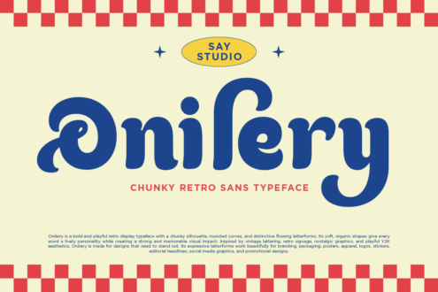 Oniflery retro sans typeface in chunky navy blue with cream checkerboard border