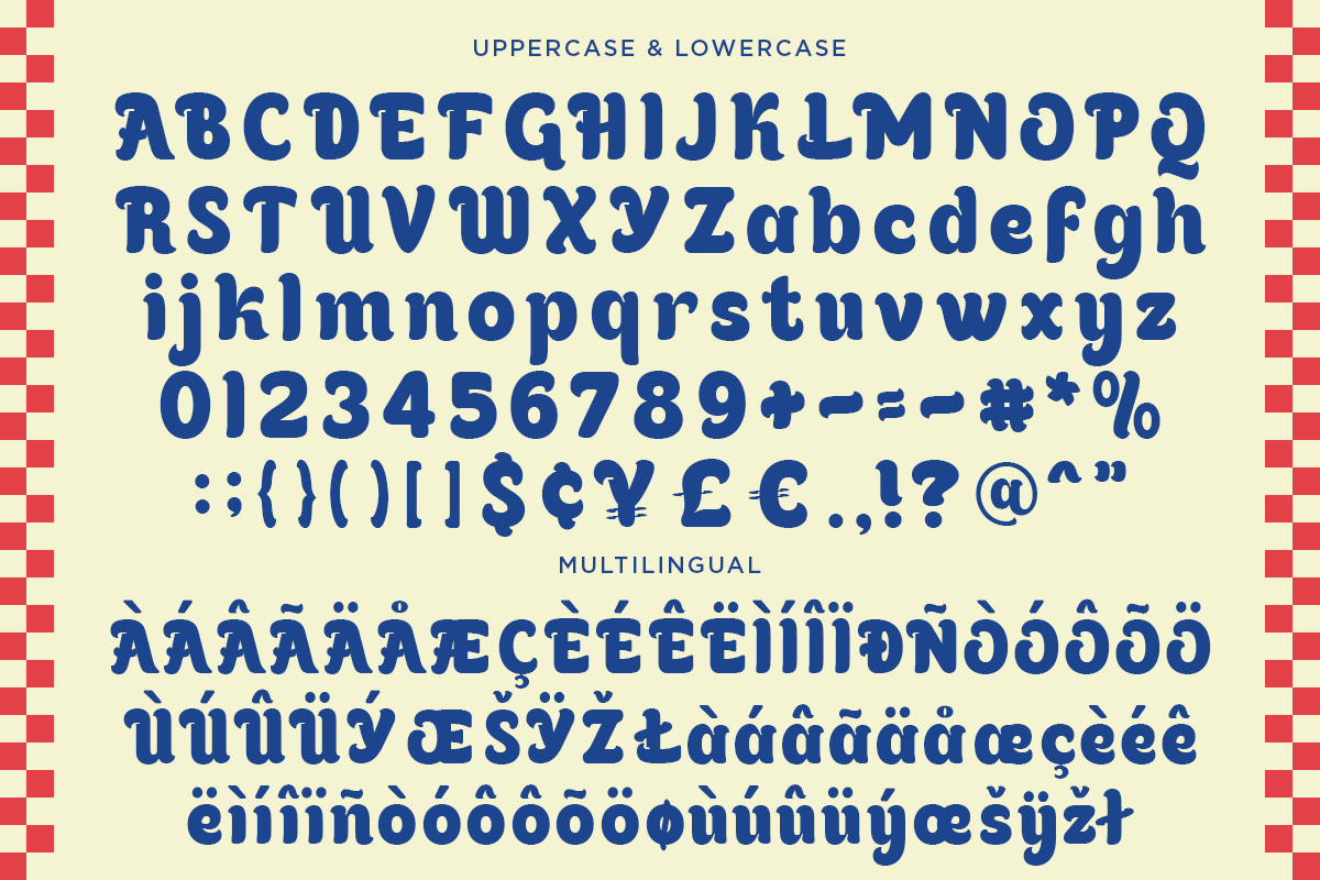 Bold blue typeface showing full character set with uppercase, lowercase, numbers, symbols, plus multilingual accents on cream background