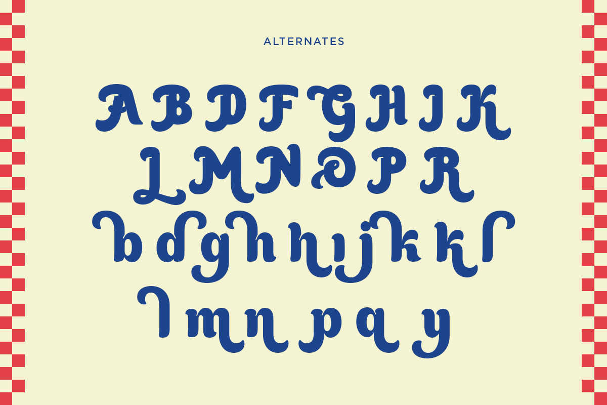 Groovy serif font with alternates showing full uppercase, lowercase, numbers with cream background