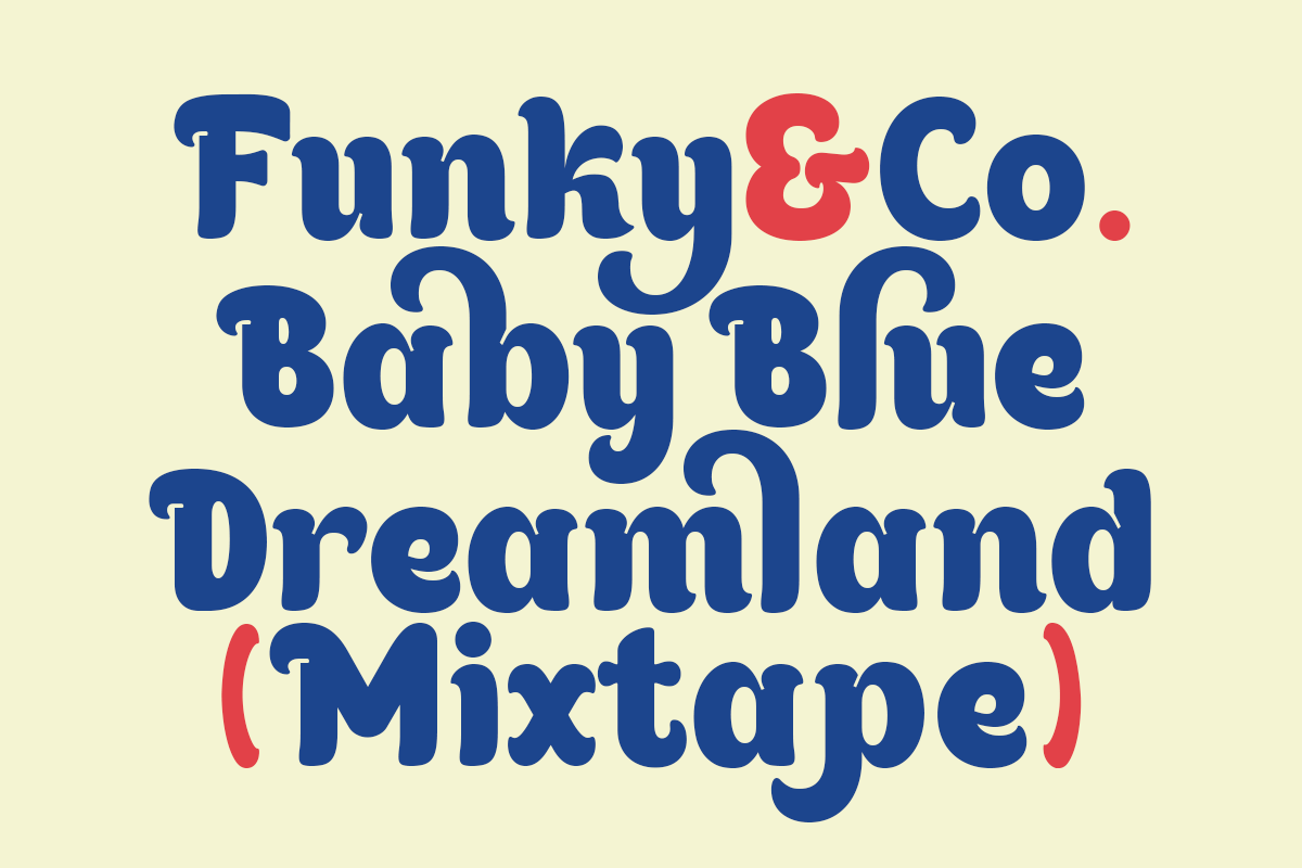 Funky Co Baby Blue Dreamland Mixtape retro display font with curved letters in navy blue with red accents
