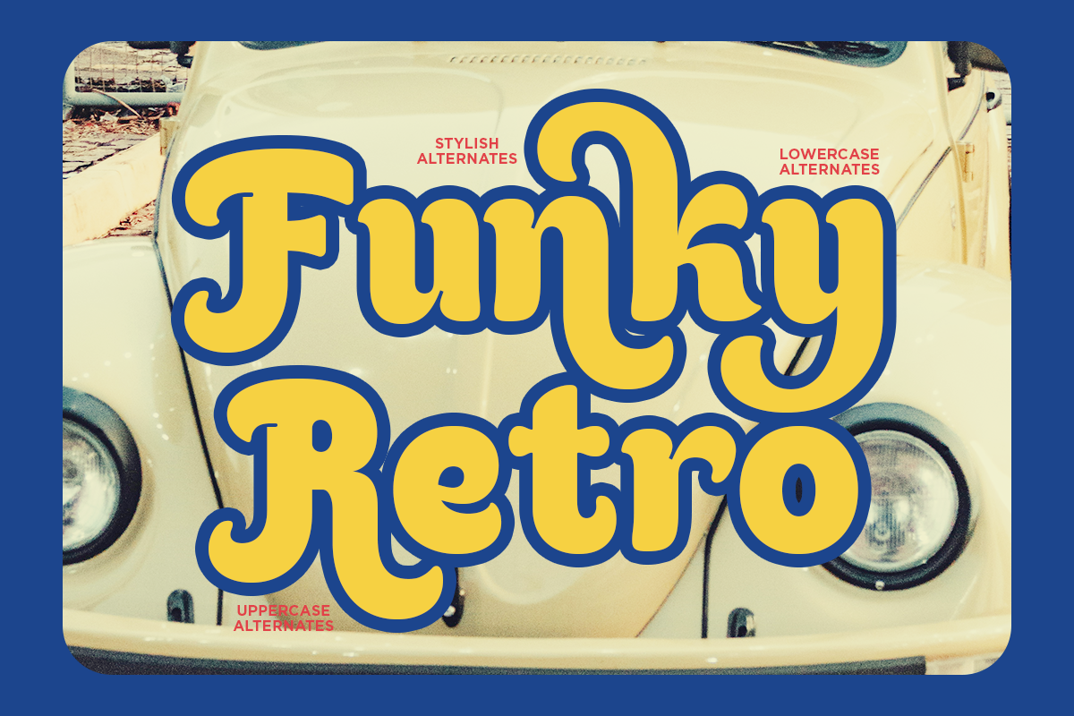 Funky Retro font with blue outline, yellow fill, stylish alternatives shown on vintage car background