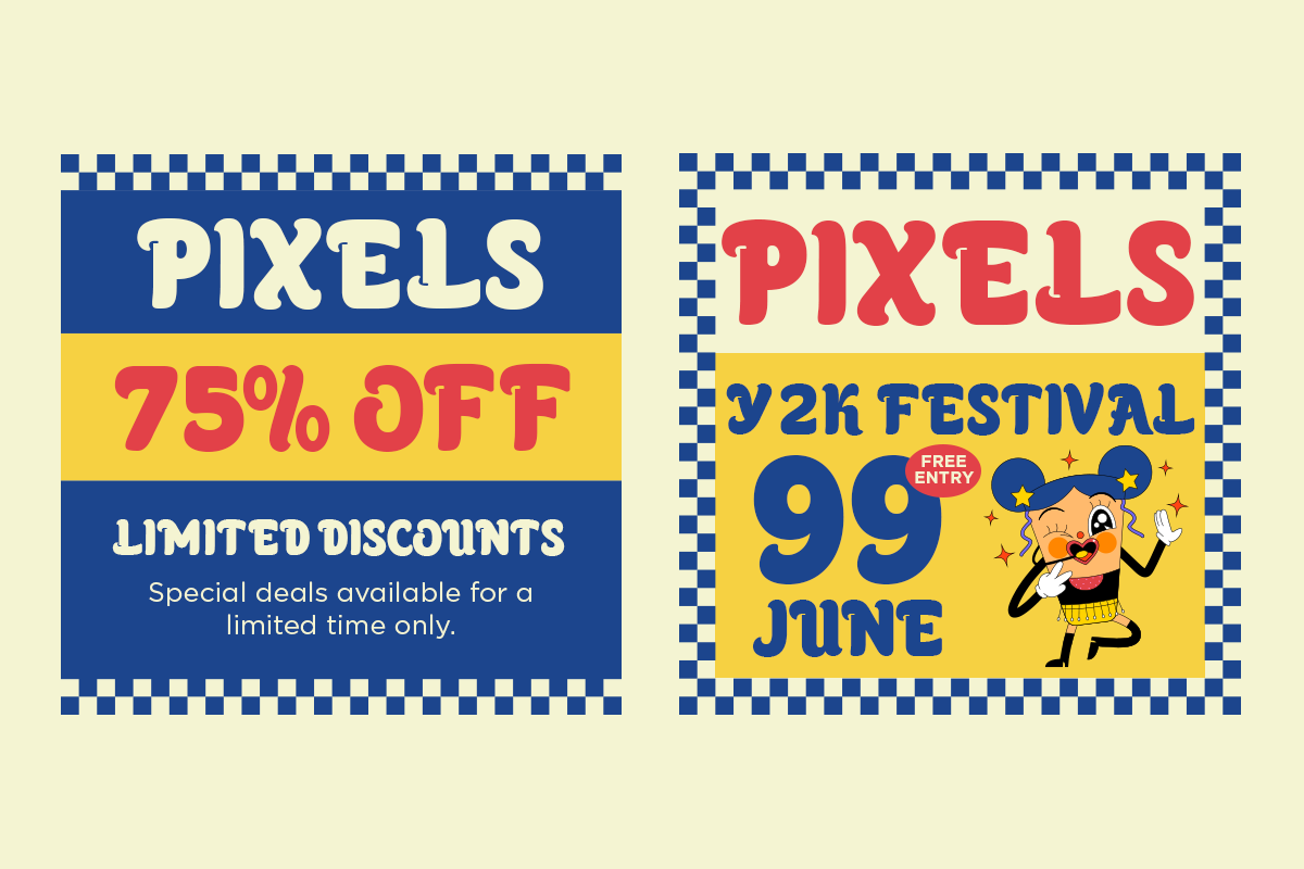 Retro pixel art posters with bold blue, yellow, red colors showing sale offers with checkerboard borders