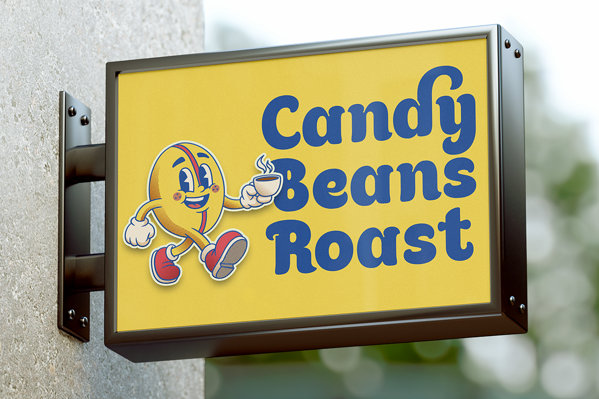 Vintage lightbox mockup showing retro coffee shop sign with cheerful mascot character on bright yellow background