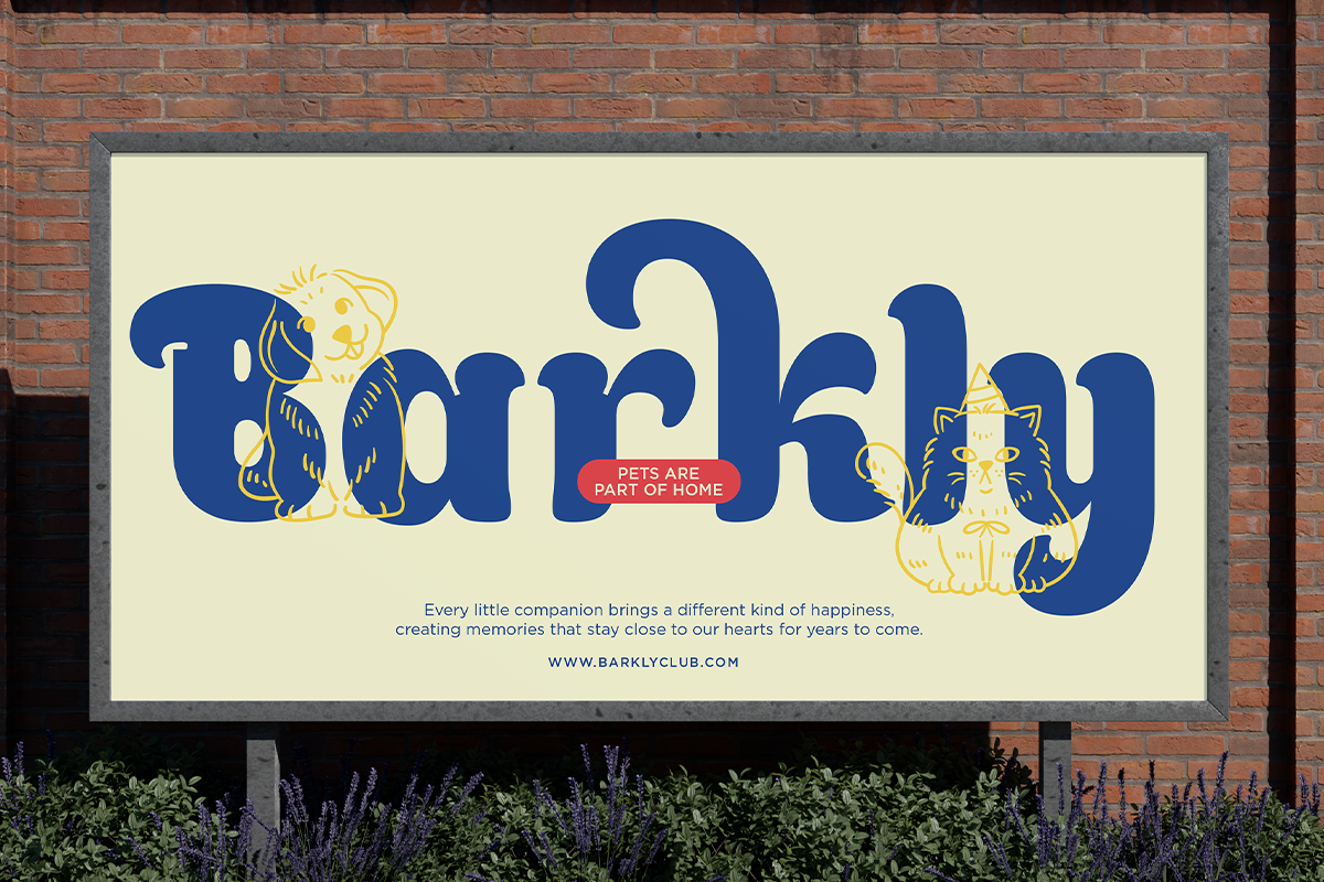 Billboard mockup with cute dog cat illustrations in blue retro typography on cream background mounted on brick wall
