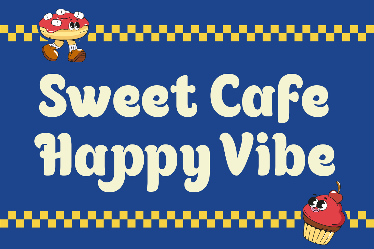 Retro cartoon cafe poster with cream text, checkered borders, happy cupcake characters on blue background