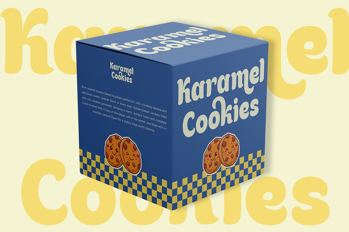 Navy box packaging mockup for karamel cookies with checkered pattern, cream lettering, illustrated cookies