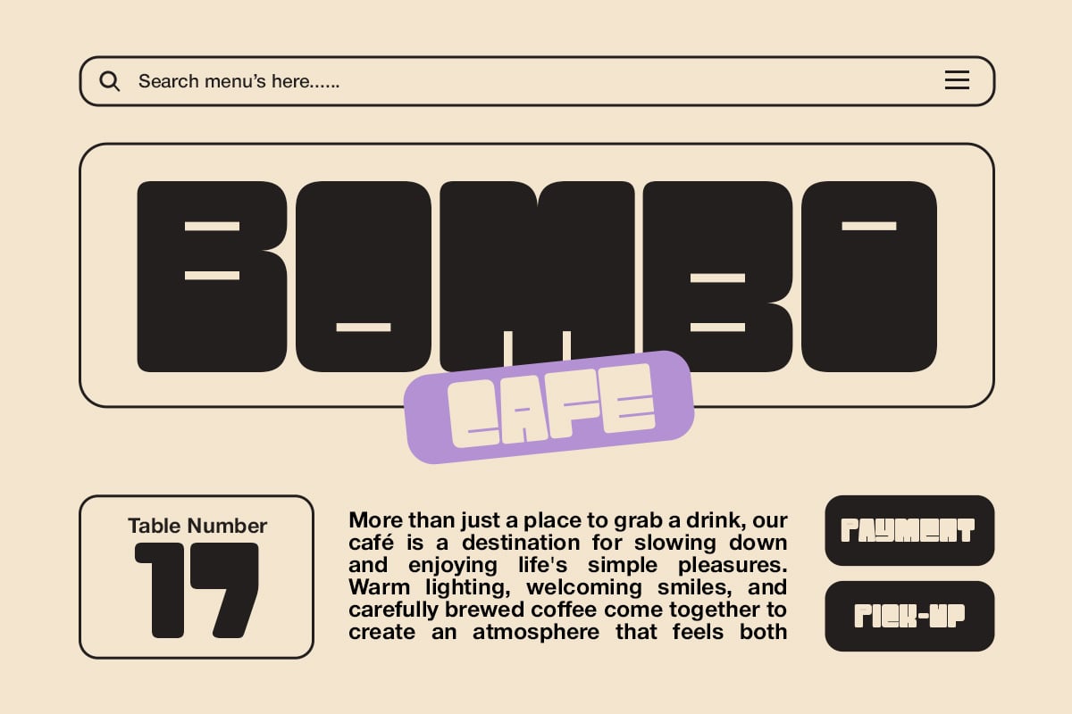 Retro cafe menu mockup with bold black typography, purple cafe label sticker, table number, plus payment buttons