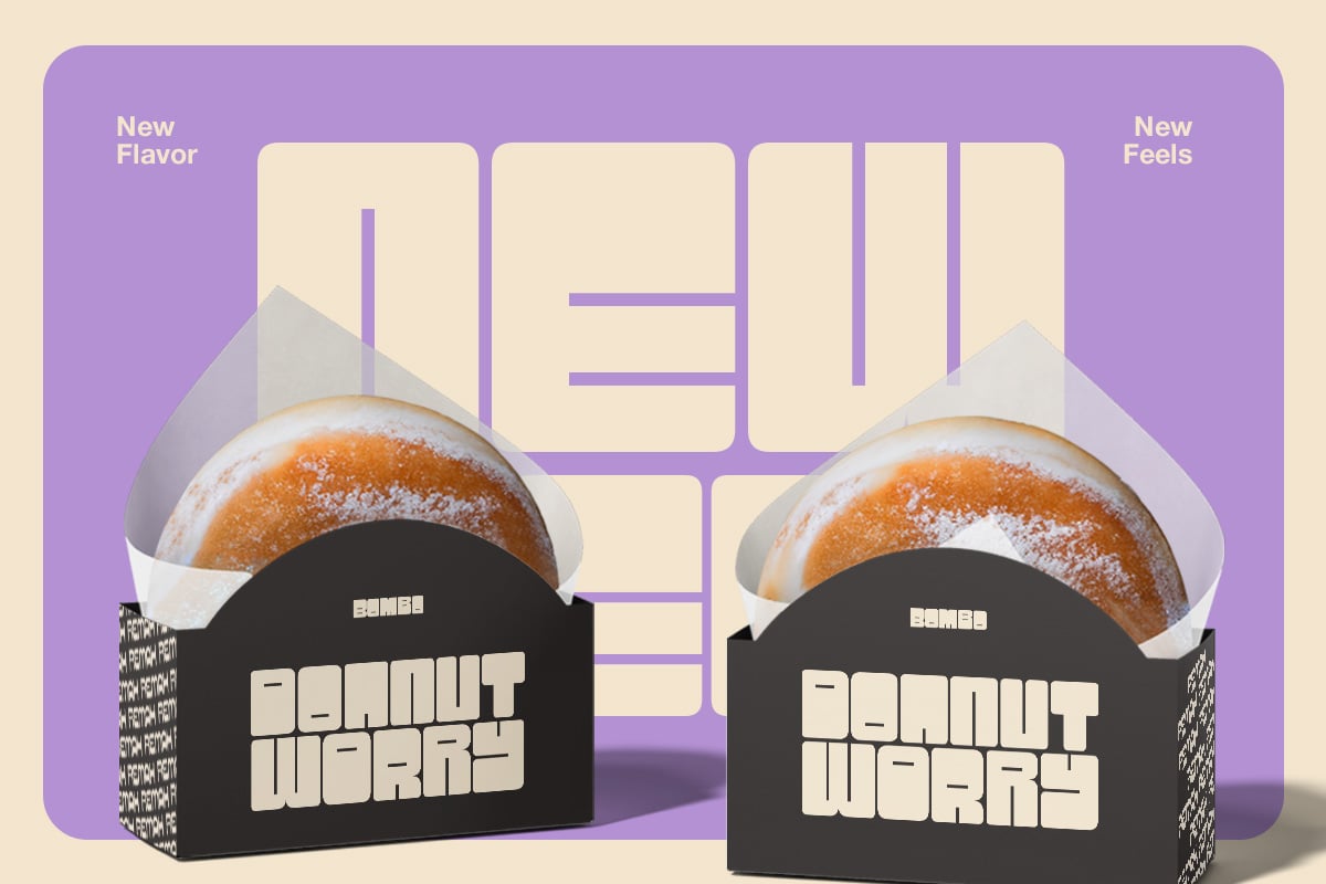 Donut pastry packaging mockup with purple background, cream boxes, bold retro typography