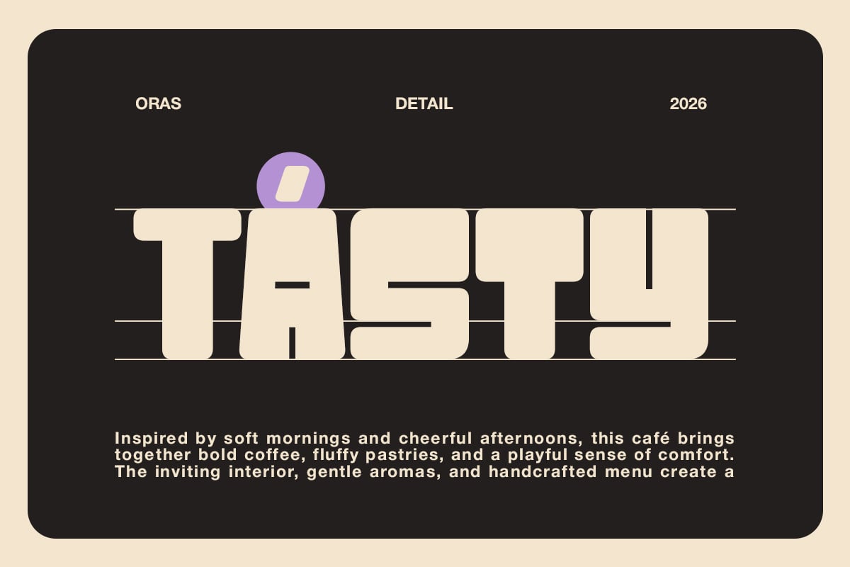 Retro café branding mockup with bold cream typography, purple accent circle, on dark background