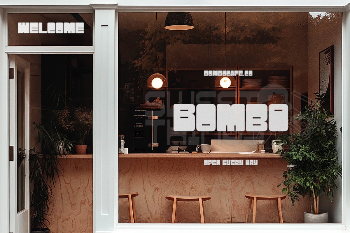 Cozy cafe storefront mockup with warm wood tones, neon signage, pendant lights, bar seating