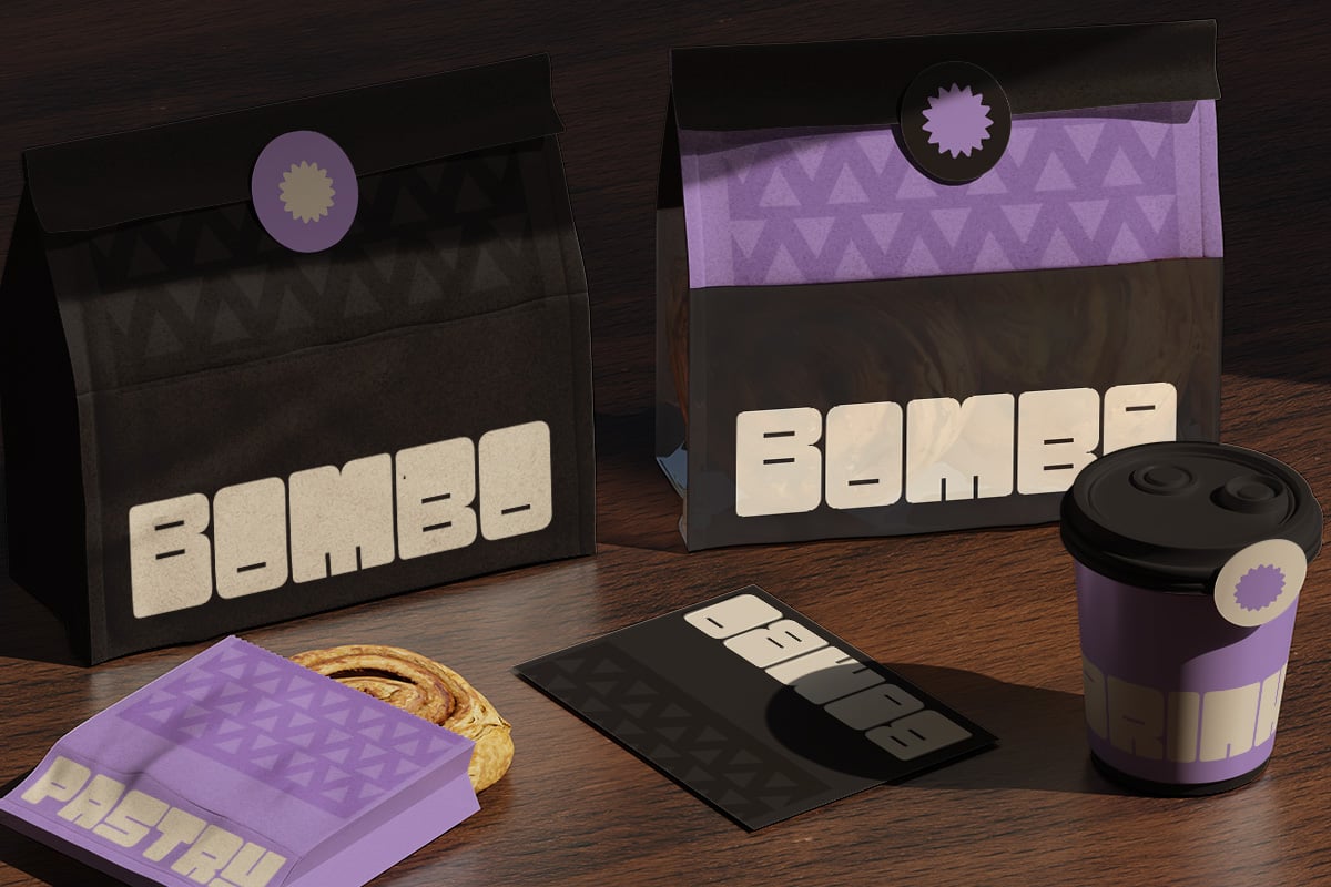 Branding mockup with purple, black, cream packaging, coffee cup, notebook, business cards on wooden desk