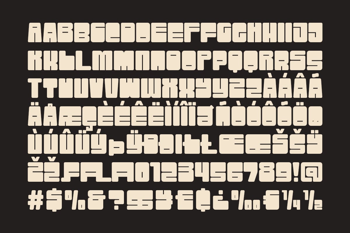 Bold retro slab serif font with chunky letterforms, numbers, symbols on dark background