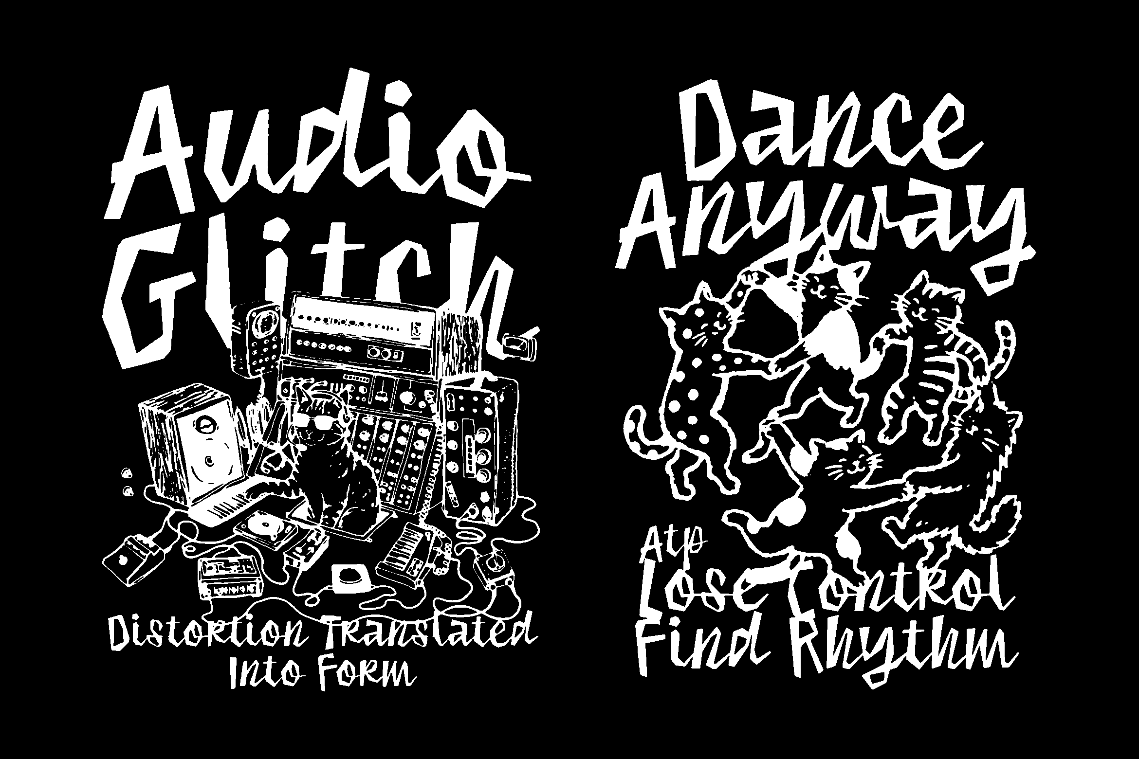 Two edgy black t-shirt designs with chaotic line art, one featuring synth gear, other with dancing cats