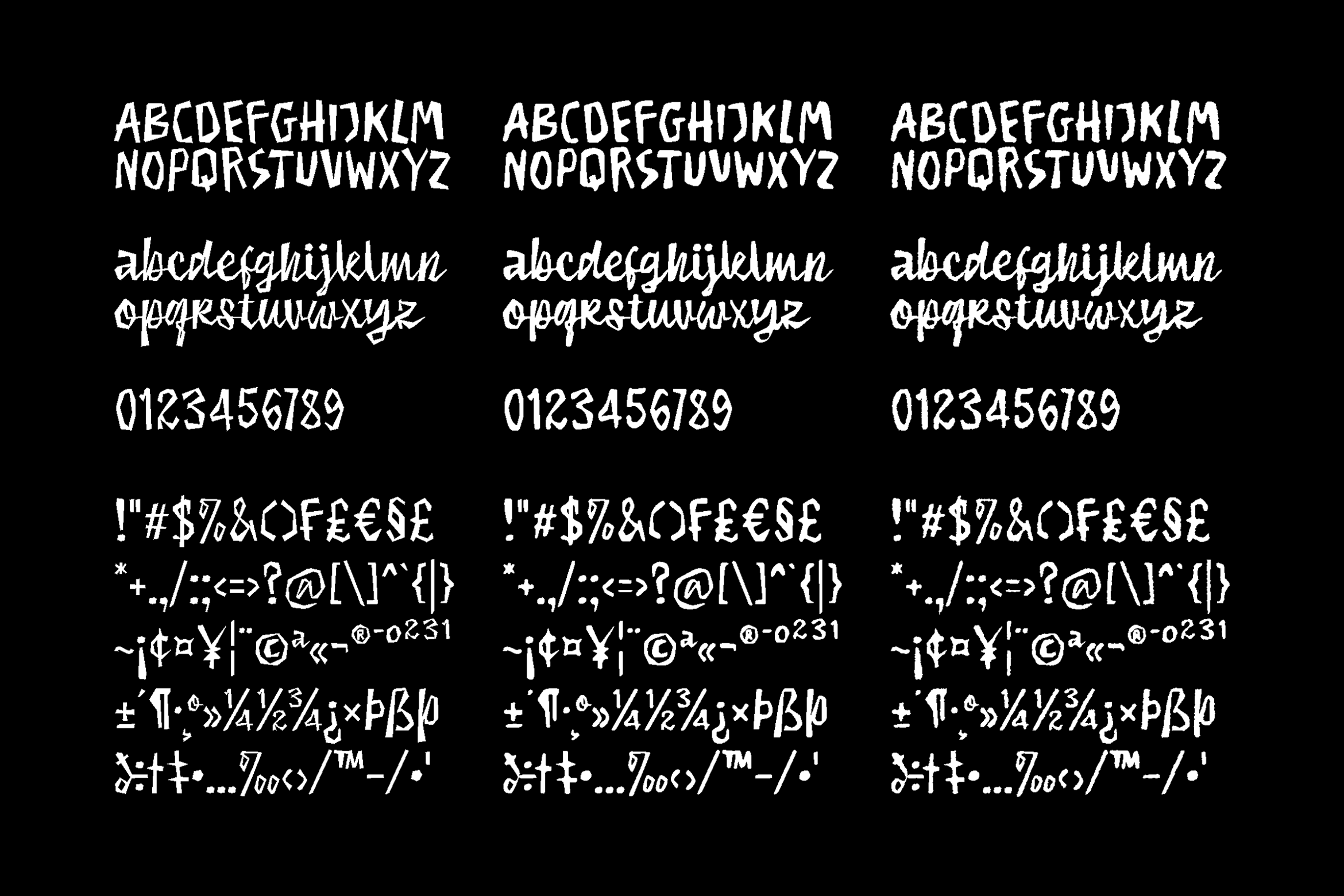 Hand-drawn font with uppercase, lowercase, numbers, plus all those wonky symbols designers need