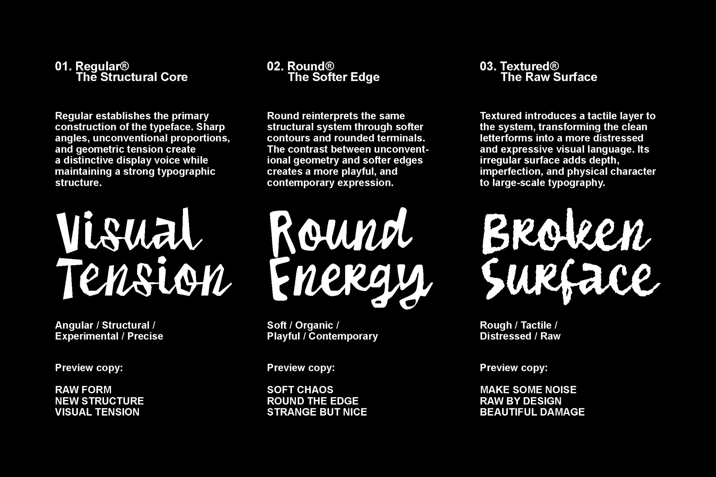 Three font variations displayed side by side: Regular with sharp angles, Round with soft edges, Textured with rough distressed surface