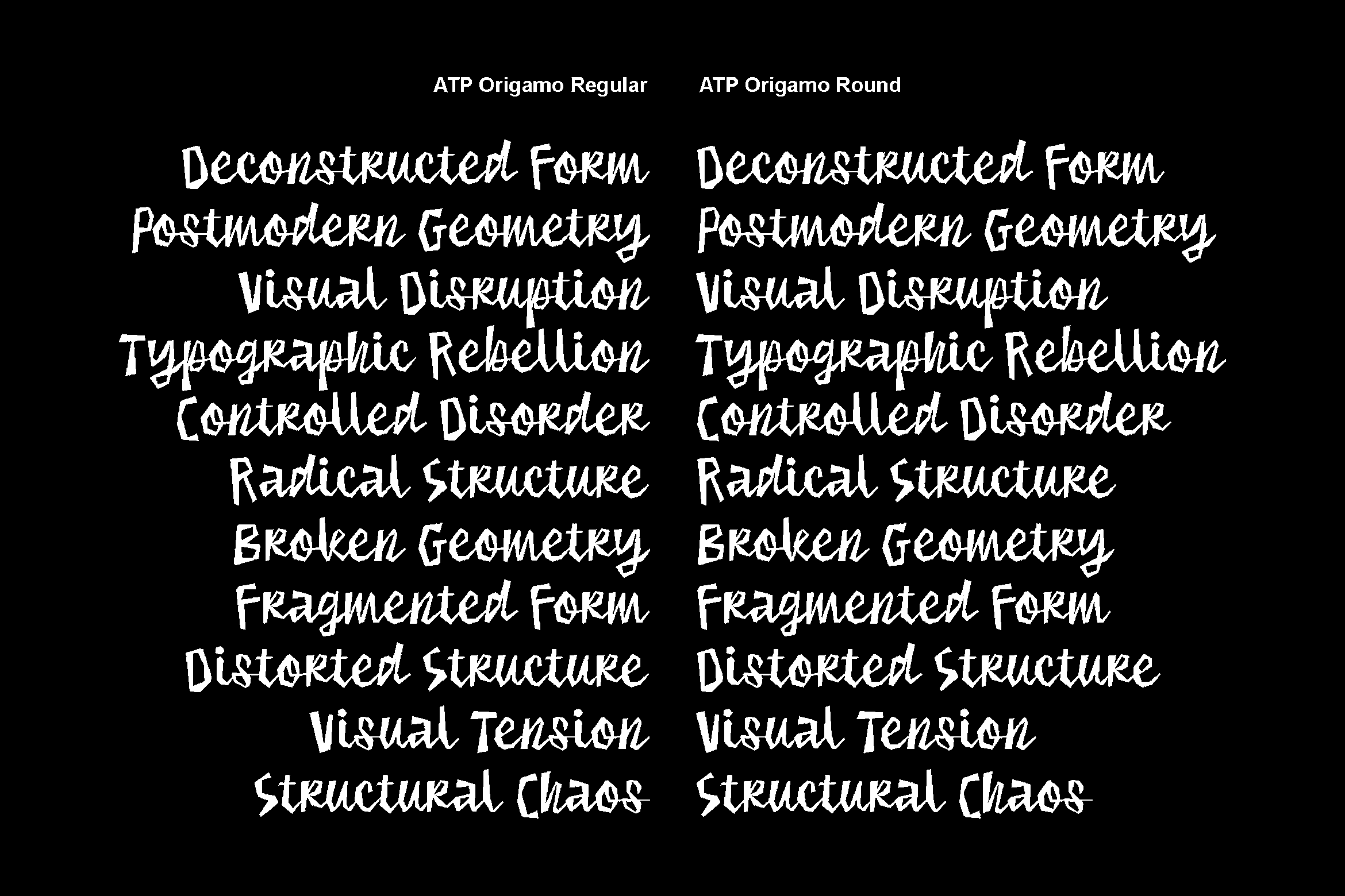 ATP Origamo font family showing Regular plus Round versions side by side