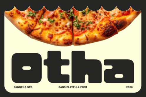 Cheesy pizza slice mockup with bold blocky font display below on cream background