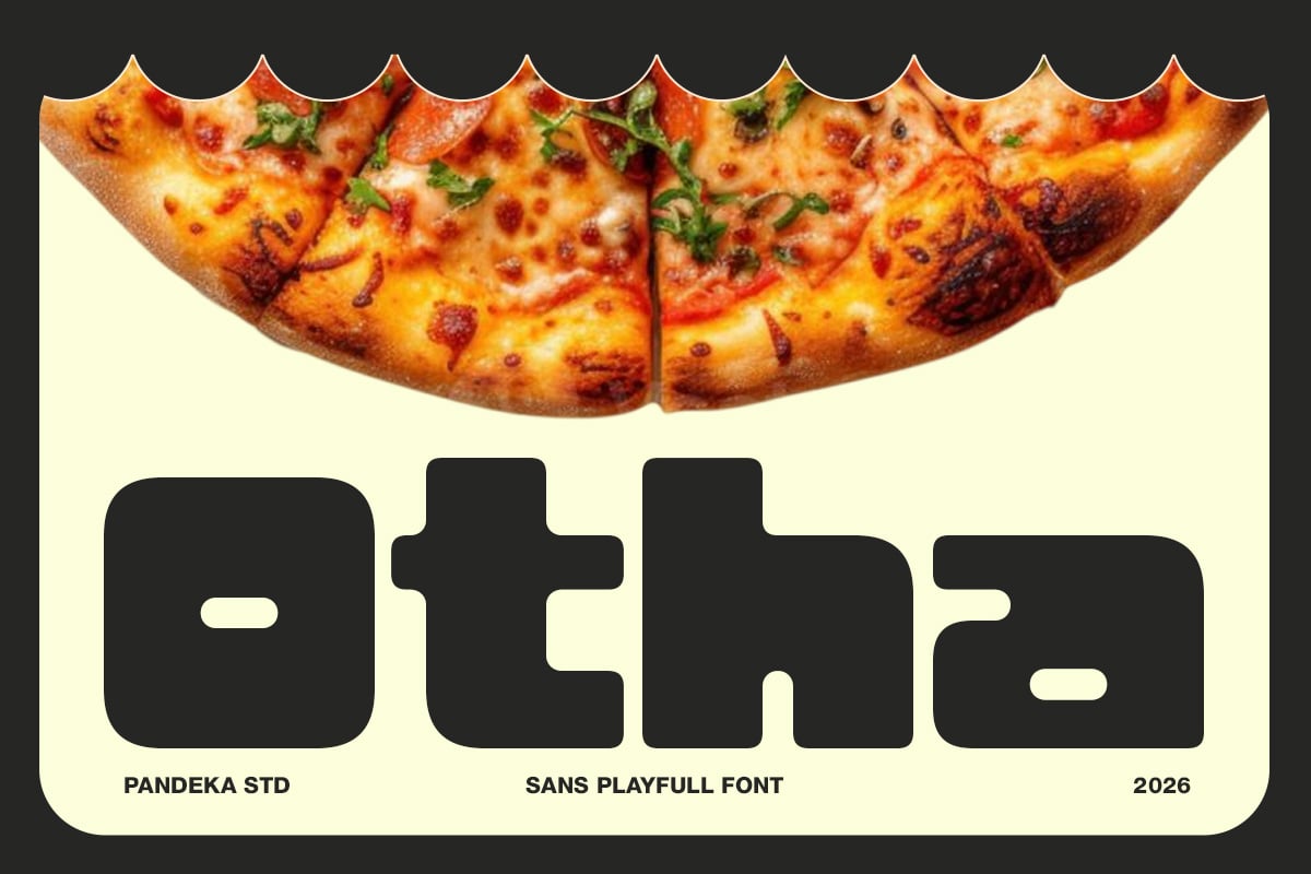 Cheesy pizza slice mockup with bold blocky font display below on cream background