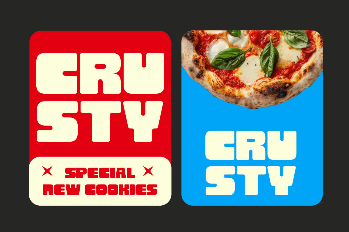 Retro pizza shop mockup with bold red left card showing "CRU STY" text, blue right card with "CRU STY" plus fresh basil pizza photo