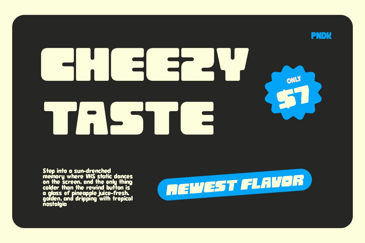 Retro VHS-style mockup with chunky cream text on dark background, blue badge stickers, nostalgic vibe