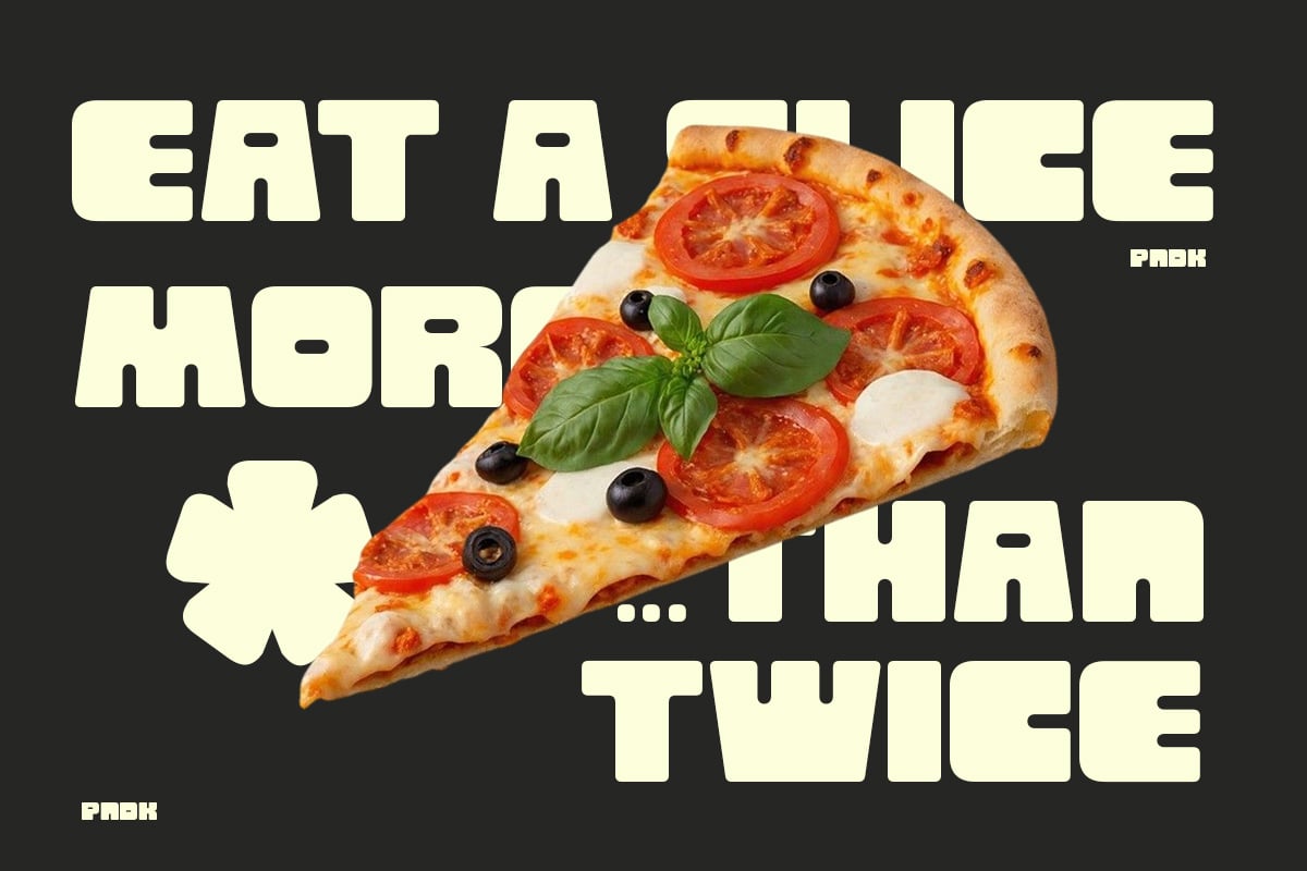 Pizza slice with tomatoes, basil, black olives on dark background with retro yellow type