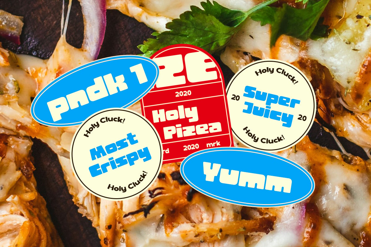 Retro pizza sticker pack with cheesy slogans over loaded pie background